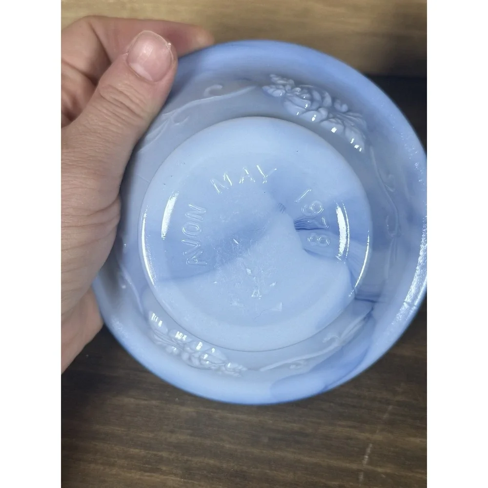 VTG Avon Blue Glass‎ Pitcher Bowl Soap Set Blue Slag Milk Glass W/ Original Soap